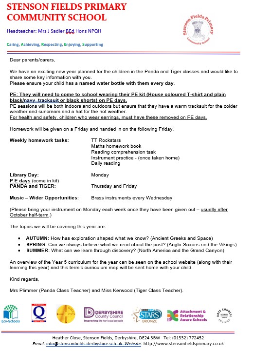 Y5 Parent Letter - Start of the Year