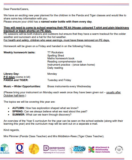 Y5 Parent Letter - Start of the Year